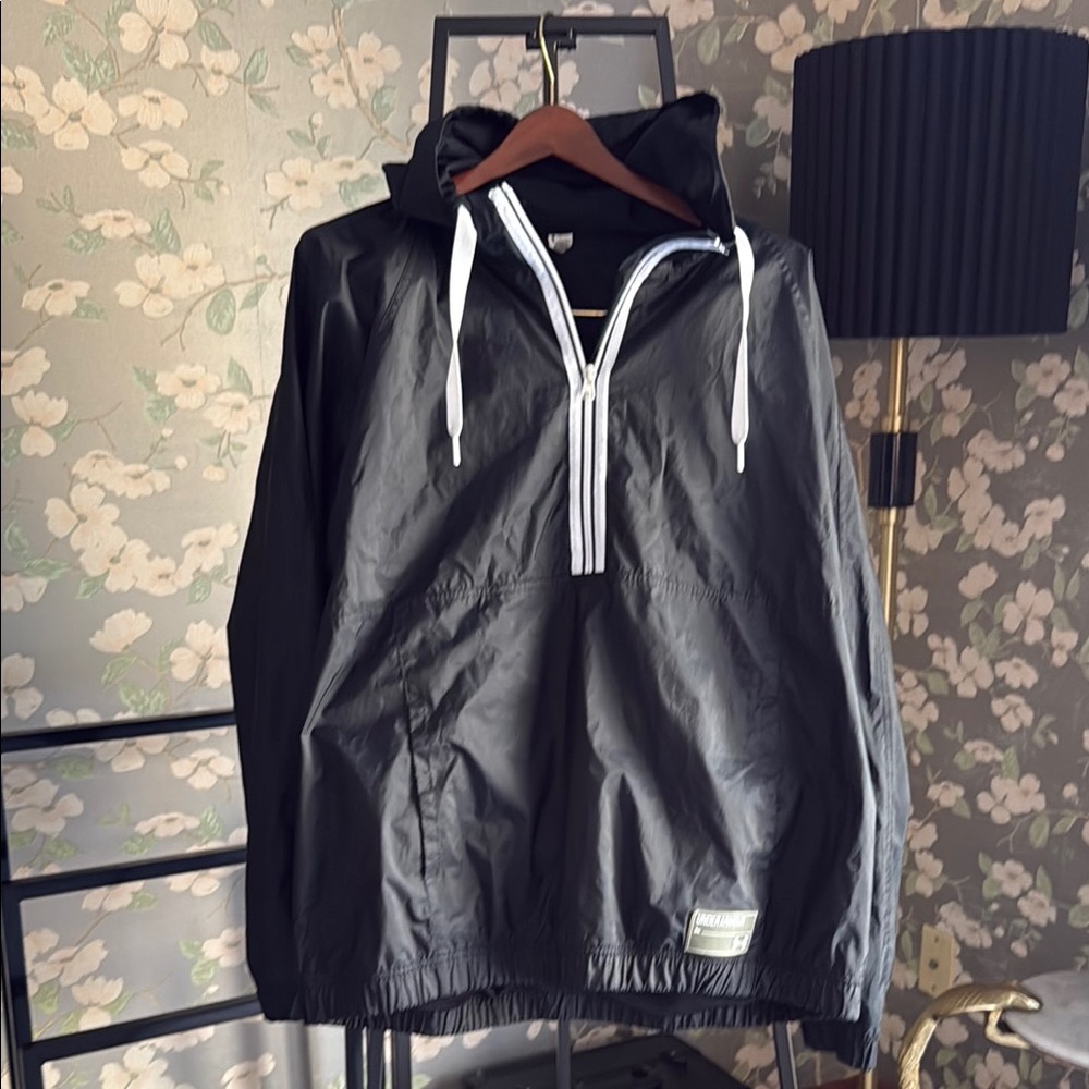 Black Windbreaker with Hood and Stand-Up Collar